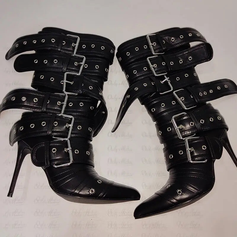 Baea Pointed Toe Mid-Calf Buckle Boots