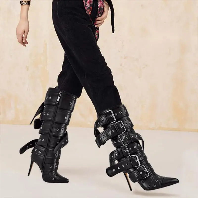 Baea Pointed Toe Mid-Calf Buckle Boots