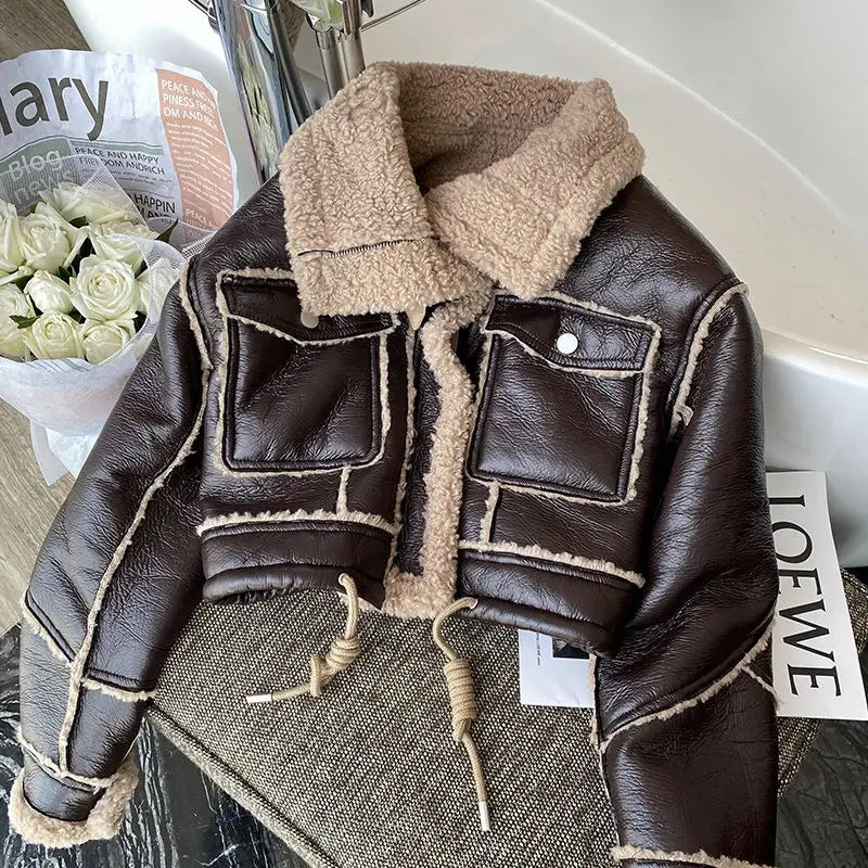 Cierra Brown Fuax Leather Lambswool Jacket