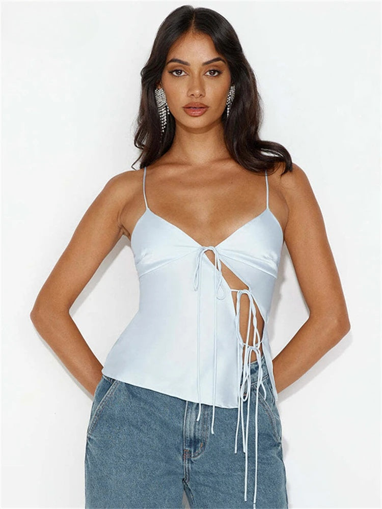 Ashani Satin Chic Tie Up Crop Top